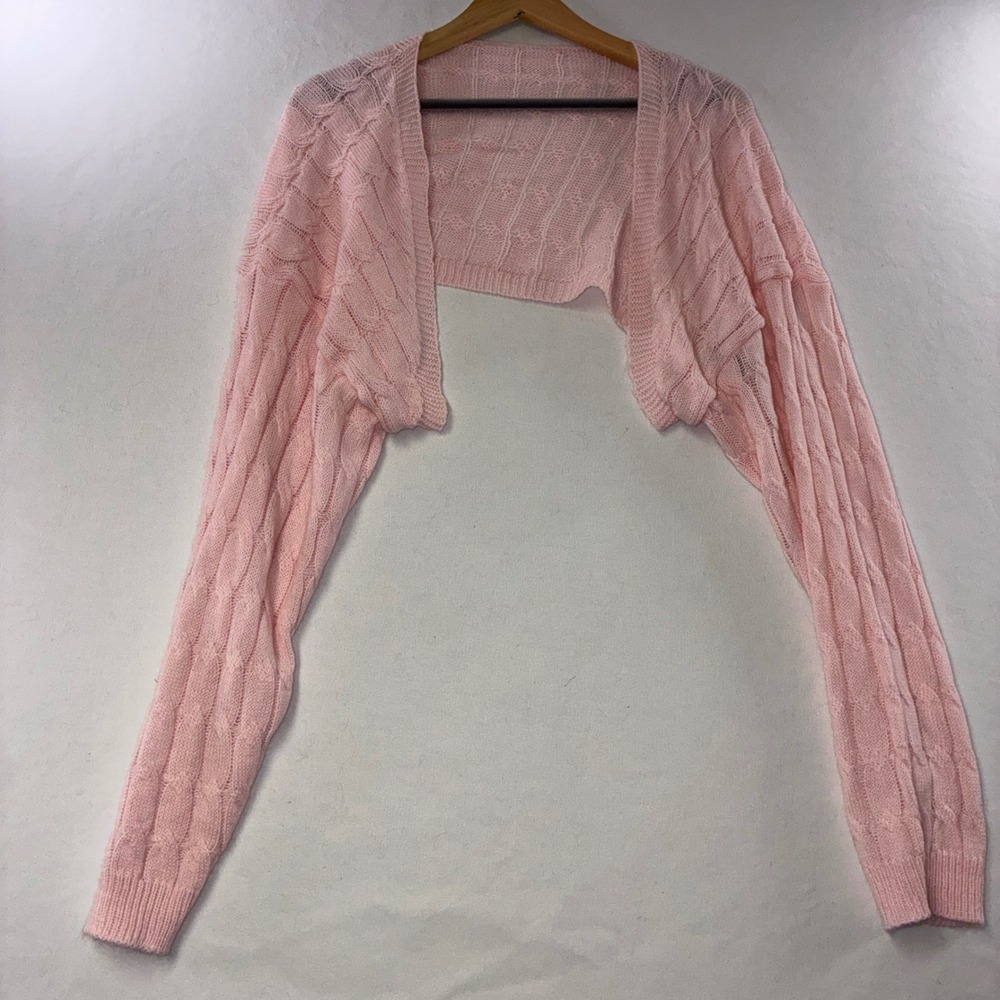 541 Balletcore SHEIN Cable Knit Shrug Bolero M Pink Ultra Cropped Layering